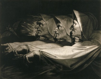 An episode in Macbeth by William Shakespeare: the three witches. Mezzotint by J.R. Smith, 1785, after H. Fuseli, 1783.