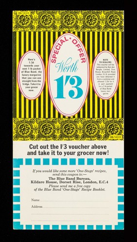 Hotpoint recommend Blue Band luxury margarine : made from pure blended vegetable oils : and here is 1/3 off your first lb. of Blue Band luxury margarine. Just hand voucher inside to your grocer / Van den Berghs Limited.