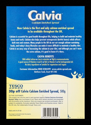 New! Calvia : calcium enriched spread : save 30 p. with this coupon / Tesco.