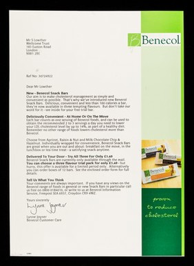 New: Benecol snack bars... / Lynne Joyner, Benecol Customer Care.