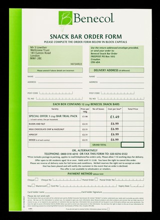Benecol snack bar order form / McNeil Consumer Nutritionals UK Ltd.