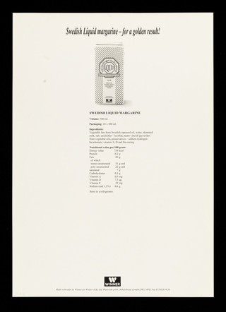 Swedish liquid margarine : a healthy cooking margarine in a new container / Winner.