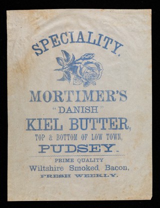Speciality : Mortimer's "Danish" Kiel butter : top and bottom of Low town, Pudsey : prime quality Wiltshire smoked bacon, fresh weekly.
