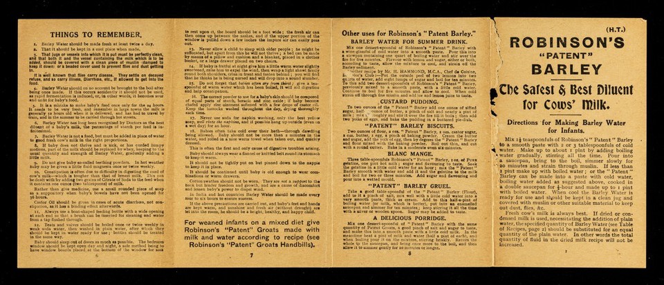 Robinson's "patent" barley : the safest & best diluent for cows' milk : directions for making barley water for infants / Keen, Robinson & Co., Ltd.