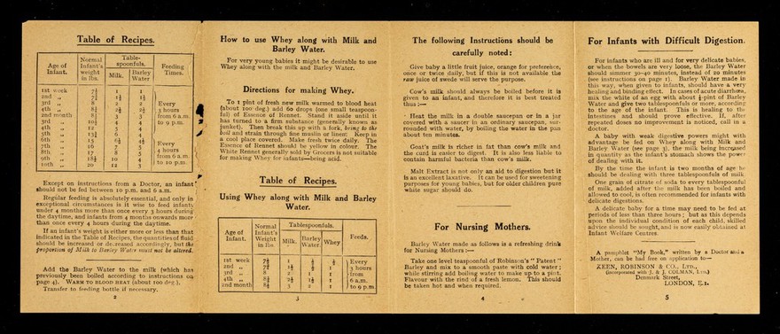 Robinson's "patent" barley : the safest & best diluent for cows' milk : directions for making barley water for infants / Keen, Robinson & Co., Ltd.