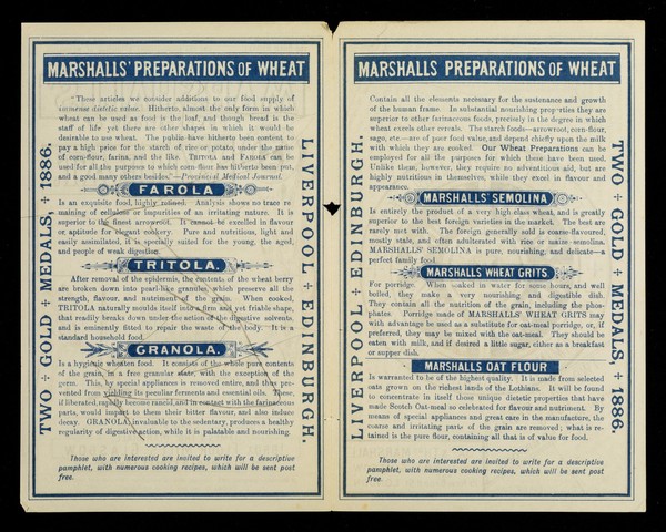 Marshalls' preparations of wheat... : containing all the elements necessary for the sustenance and growth of the human frame / made by James & Thos. Marshall.