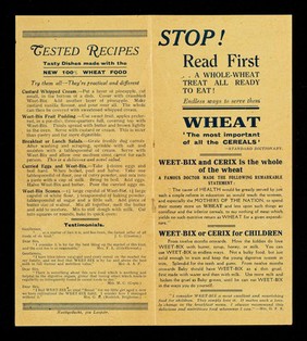 Stop! : read first.. a whole-wheat treat all ready to eat : endless ways to serve them : wheat 'the most important of all the cereals', Standard dictionary : Weet-Bix and Cerix is the whole of the wheat.