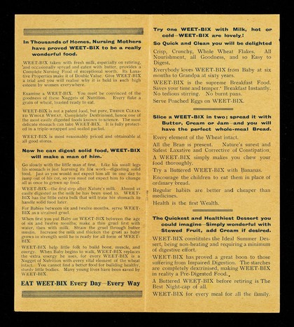 Stop! : read first.. a whole-wheat treat all ready to eat : endless ways to serve them : wheat 'the most important of all the cereals', Standard dictionary : Weet-Bix and Cerix is the whole of the wheat.