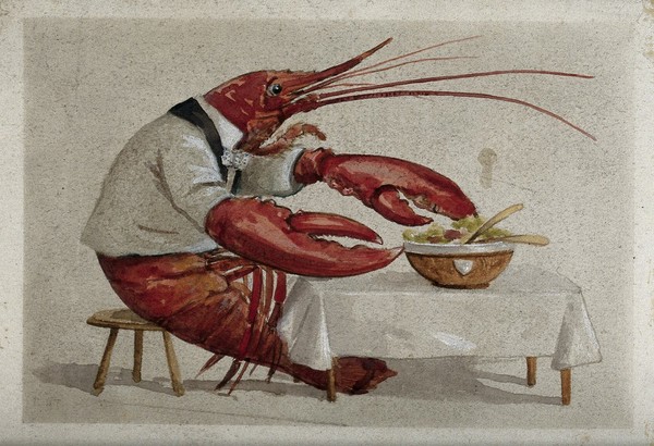 A lobster seated at a table, serving itself from a bowl of salad. Drawing by G. Hope Tait, ca. 1900.