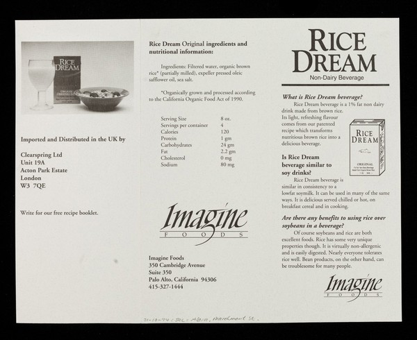 Rice Dream : non-dairy beverage / Imagine Foods.