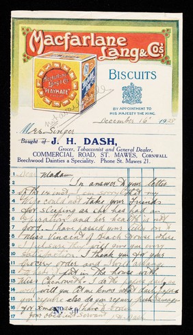 Macfarlane, Lang & Co.'s biscuits : by appointment to his majesty the King : bought of J.H. Dash, grocer, tobacconist and general dealer, Commercial Road, St. Mawes, Cornwall.