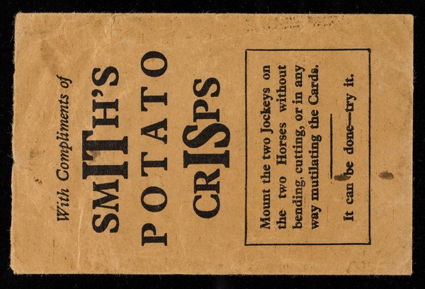 With the compliments of Smith's Potato Crisps : mount the two jockeys on the two horses without bending, cutting, or in anyway mutilating the cards : it can be done - try it.