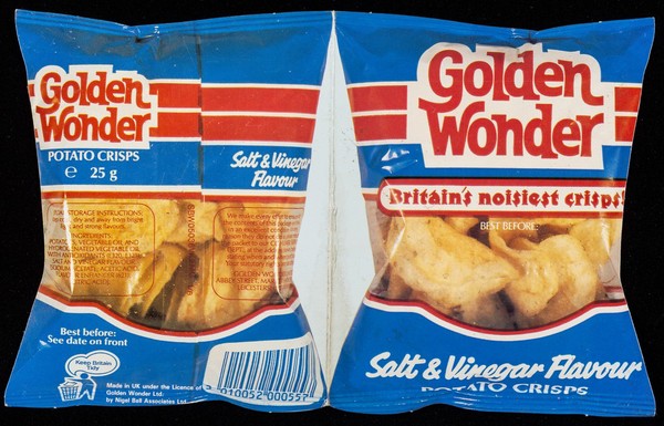 Golden Wonder : Britain's noisiest crisps : salt & vinegar flavour potato crisps / Nigel Ball Associates Ltd.