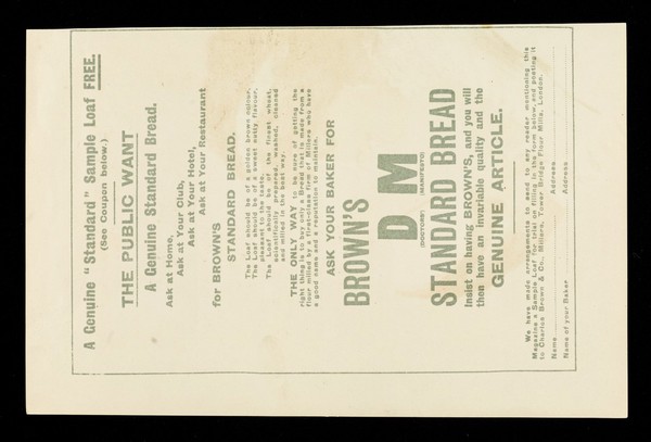 Your security is in the name : the thoughtful housekeeper will carefully examine the family bread... ask your baker for Brown's DM (Doctors' Manifesto) standard bread... / Charles Brown & Co.