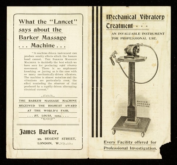 Mechanical vibratory treatment : an invaluable instrument for professional use : every facility offered for professional investigation / James Barker.