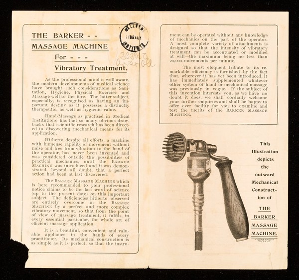 Mechanical vibratory treatment : an invaluable instrument for professional use : every facility offered for professional investigation / James Barker.