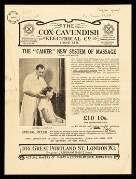 The "Cahier" new system of massage / The Cox-Cavendish Electrical Co. (1924) Ltd.