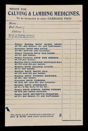 Order for calving & lambing medicines : to be forwarded at once, carriage paid / Day & Sons Ltd.