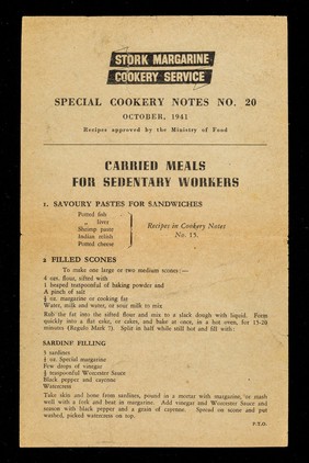 Carried meals for sedentary workers / Stork Margarine Cookery Service.