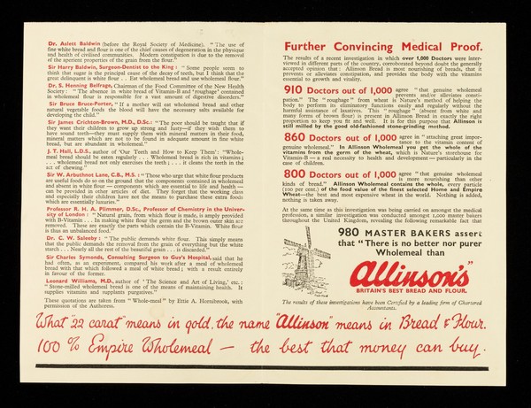 22 carat : the best that money can buy - in gold, but - read what famous doctors, dentists & dieticians say - about bread & flour / Allinson Ltd.