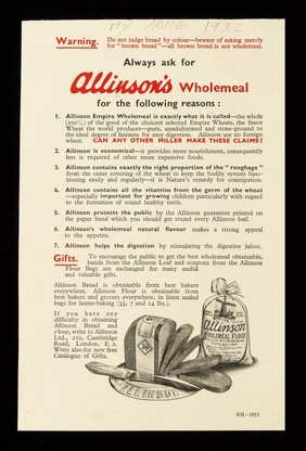 22 carat : the best that money can buy - in gold, but - read what famous doctors, dentists & dieticians say - about bread & flour / Allinson Ltd.