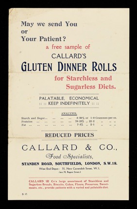 May we send you or your patient? a free sample of Callard's Gluten Dinner Rolls for starchless and sugarless diets / Callard & Co.