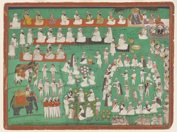 Kings and other devotees paying homage to Guru Nanak, as food and drinks are organised and served to a number of people. Gouache painting by an Indian painter.