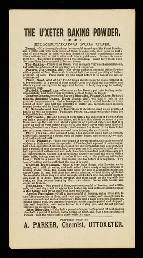 The U'xeter Baking Powder : directions for use / prepared only by A. Parker.