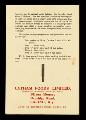 Useful information to help you bake and enjoy Betty Crocker American mixes / Latham Foods Limited (subsidiary of General Mills, Inc.).