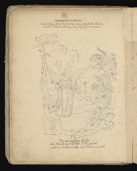 Allegory of water: a woman holding a ship on her shoulders; Moses leading Israelites out of Egypt while Pharaoh and the Egyptians drown. Drawing, ca. 1740.