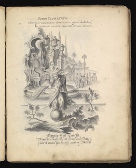 Allegory of water: a woman holding a ship on her shoulders; Moses leading Israelites out of Egypt while Pharaoh and the Egyptians drown. Drawing, ca. 1740.