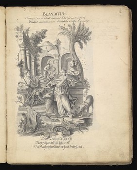 Allegory of water: a woman holding a ship on her shoulders; Moses leading Israelites out of Egypt while Pharaoh and the Egyptians drown. Drawing, ca. 1740.