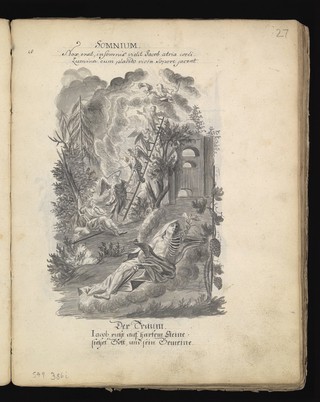 Allegory of water: a woman holding a ship on her shoulders; Moses leading Israelites out of Egypt while Pharaoh and the Egyptians drown. Drawing, ca. 1740.