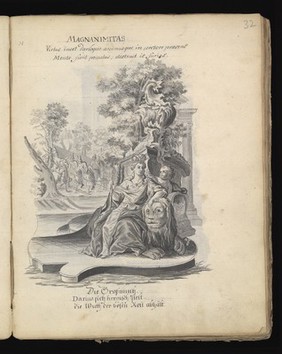 Allegory of water: a woman holding a ship on her shoulders; Moses leading Israelites out of Egypt while Pharaoh and the Egyptians drown. Drawing, ca. 1740.