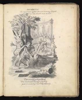 Allegory of water: a woman holding a ship on her shoulders; Moses leading Israelites out of Egypt while Pharaoh and the Egyptians drown. Drawing, ca. 1740.