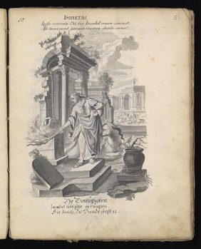 Allegory of water: a woman holding a ship on her shoulders; Moses leading Israelites out of Egypt while Pharaoh and the Egyptians drown. Drawing, ca. 1740.