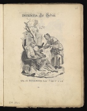 Allegory of water: a woman holding a ship on her shoulders; Moses leading Israelites out of Egypt while Pharaoh and the Egyptians drown. Drawing, ca. 1740.