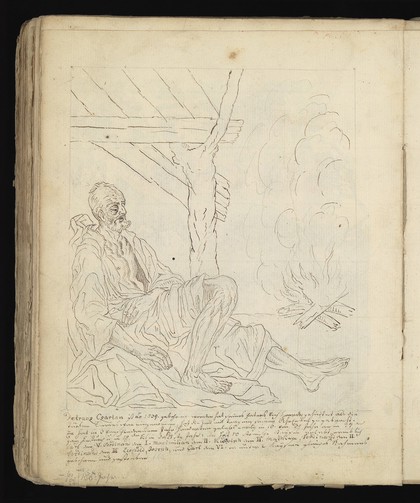 Allegory of water: a woman holding a ship on her shoulders; Moses leading Israelites out of Egypt while Pharaoh and the Egyptians drown. Drawing, ca. 1740.