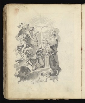 Allegory of water: a woman holding a ship on her shoulders; Moses leading Israelites out of Egypt while Pharaoh and the Egyptians drown. Drawing, ca. 1740.