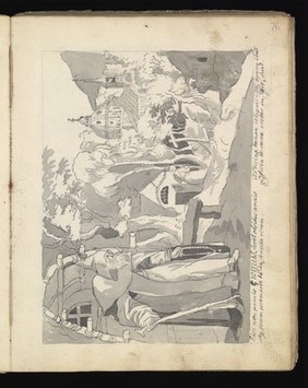 Allegory of water: a woman holding a ship on her shoulders; Moses leading Israelites out of Egypt while Pharaoh and the Egyptians drown. Drawing, ca. 1740.