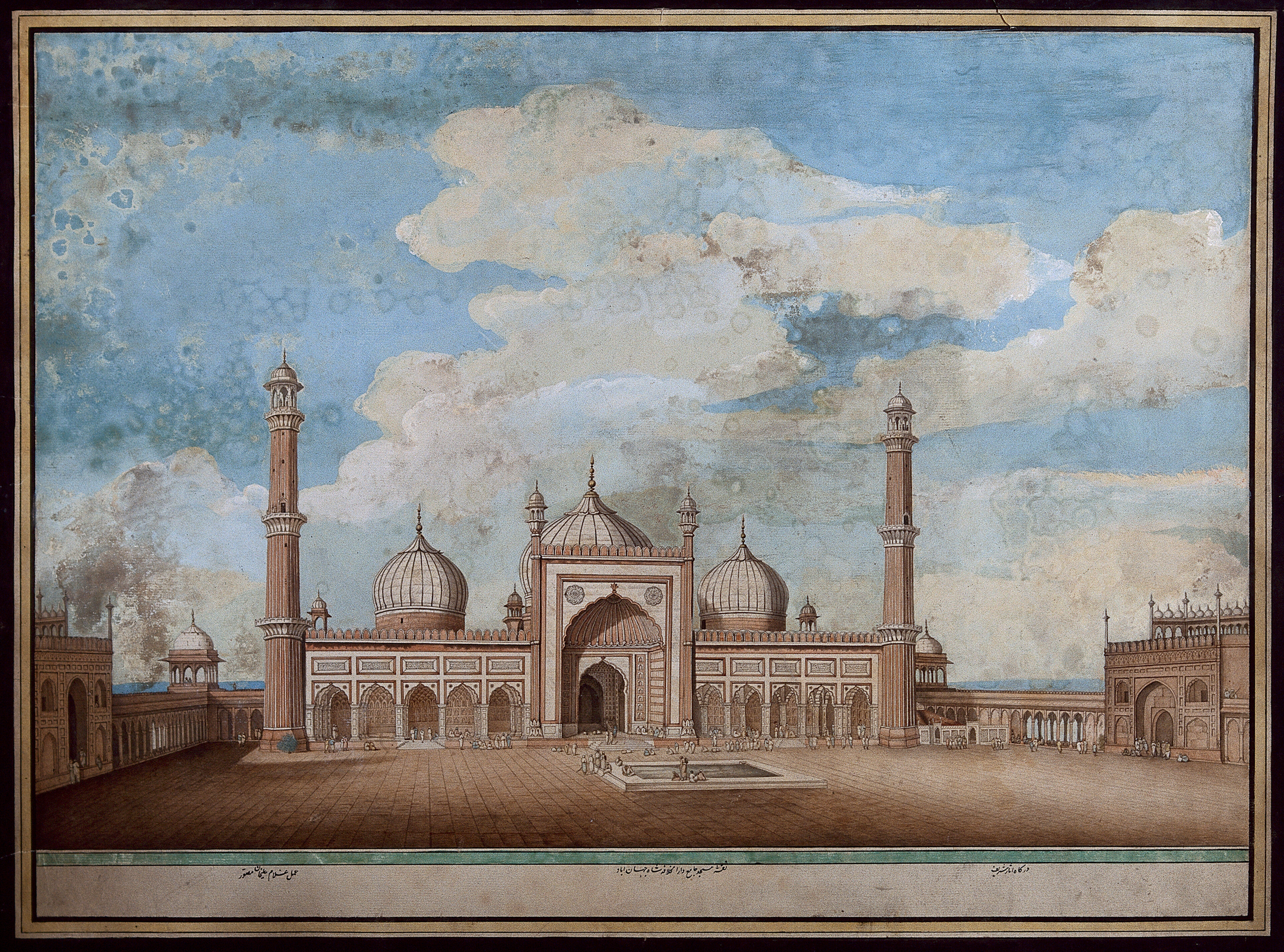 Delhi: Jama Masjid, exterior view of east facade. Watercolour by Ghulam Ali Khan, ca. 1820.