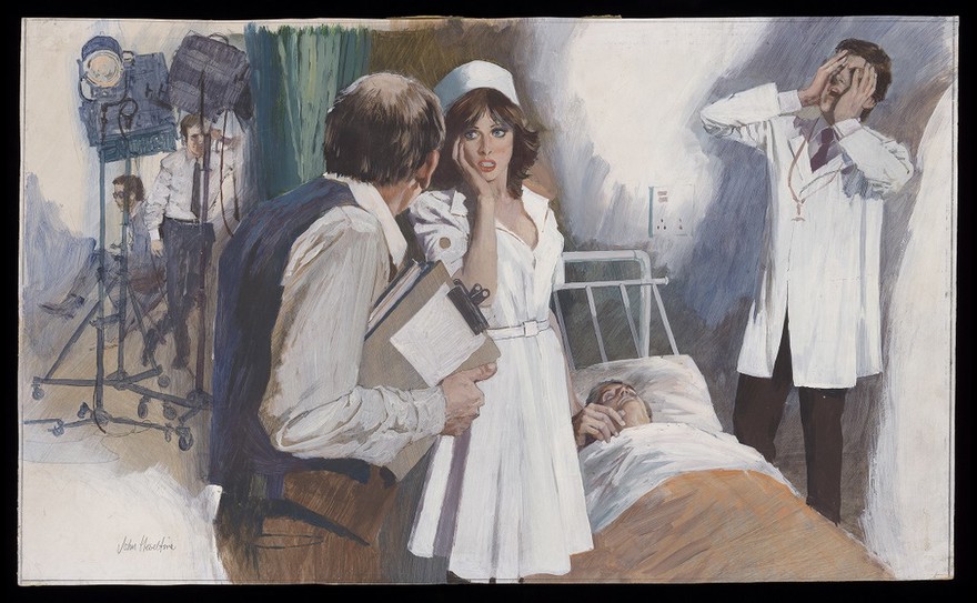 A medical drama: a film director talks to actors playing a surgeon, a nurse and a patient. Oil painting by John Heseltine, ca. 1975/1980.