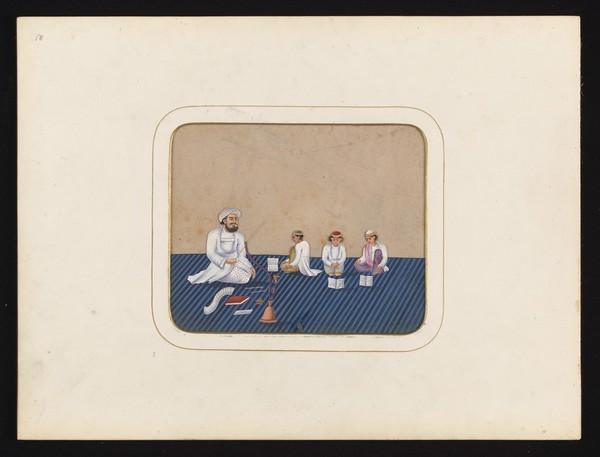 Festival of Muḥarram: a procession of musicians, people carrying pennants and replicas of the martyrs' tombs. Gouache painting on mica by an Indian artist.