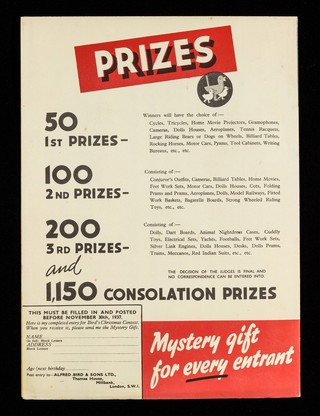 Bird's Christmas contest : the most thrilling competition invented : 1,500 big prizes and a mystery gift for every entrant : easy to enter- you're bound to win / Alfred Bird & Sons Ltd.