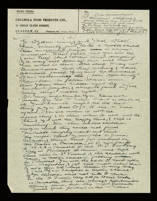 Memo from:- Creamola Food Products Ltd., 54 Great Clyde Street, Glasgow, C.1. : Telephone nos. 6023. 6024.