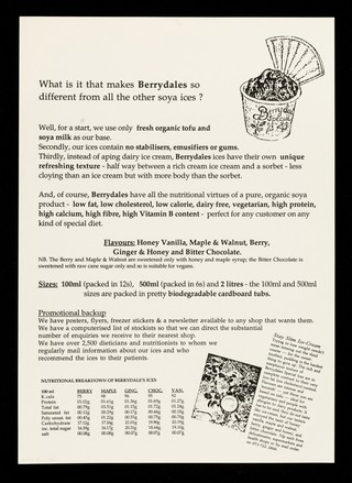 Berrydales healthy no-cream ices : totally dairy free, low cholesterol, ultra low fat, low calorie, vegetarian.