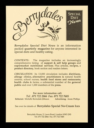 Berrydales no-cream ices : the healthier option : dairy free, low fat, low cholesterol, low calorie.