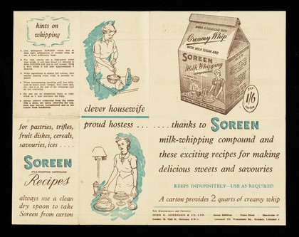 For pastries, trifles, fruit dishes, cereals, savouries, ices... Soreen milk-whipping compound : recipes : always use a clean dry spoon to take Soreen from carton / John B. Sorenson & Co. Ltd.