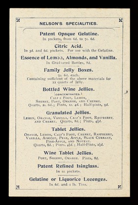 Nelson's specialities : sold by all grocers, chemists, Italian warehousemen, and stores throughout the world : Geo. Nelson, trade mark / G. Nelson, Dale & Co.