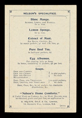 Nelson's specialities : sold by all grocers, chemists, Italian warehousemen, and stores throughout the world : Geo. Nelson, trade mark / G. Nelson, Dale & Co.